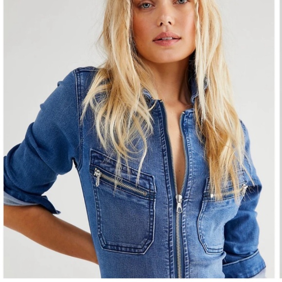 FREE PEOPLE Lennox Zip-Front Denim Jumpsuit Large - Picture 4 of 6